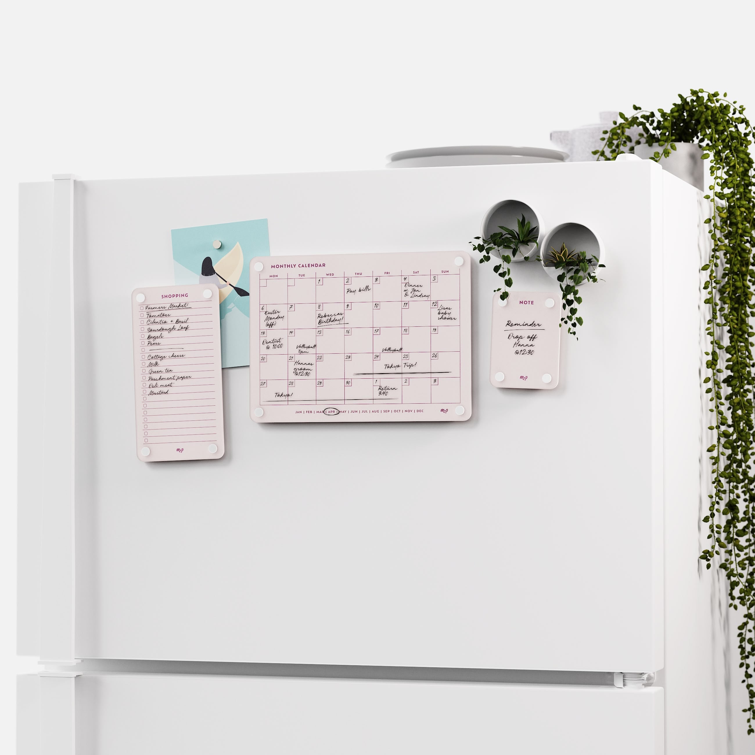 White fridge with the Linen white shopping list, monthly calendar and note board and two magnetic planters